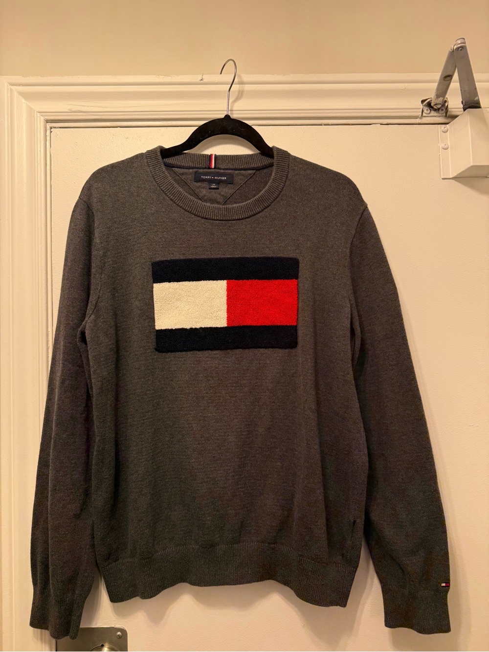 Women’s Tommy Hilfiger Charcoal Crewneck Sweater with Red, White & Navy Flag